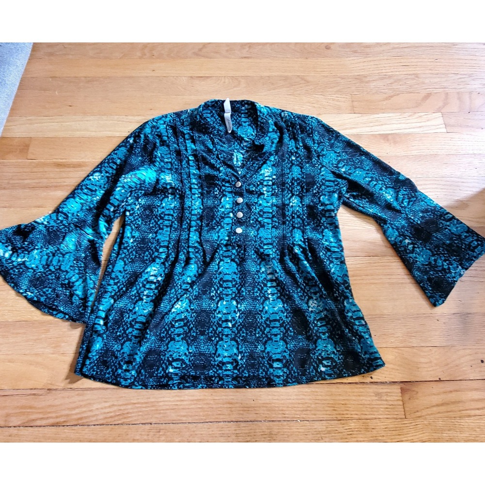 NY Collection Womens Teal Black Snakeskin Pintuck Bell Sleeve Blouse Medium